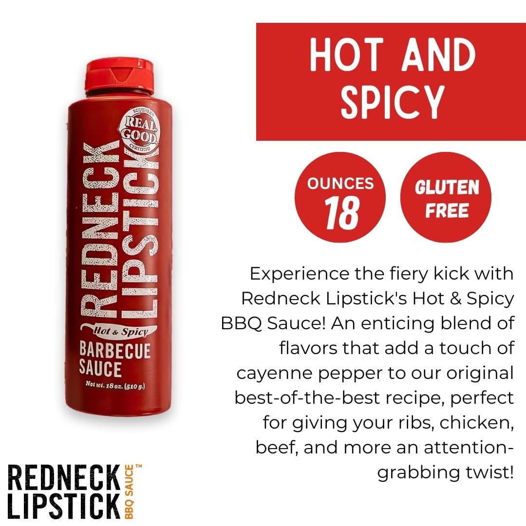 Redneck Lipstick Hot & Spicy Barbecue Sauce, Touch of Cayenne Pepper, Ideal for All Recipe, Authentic American Tastes, Made in USA, 1 Pack (18 oz)