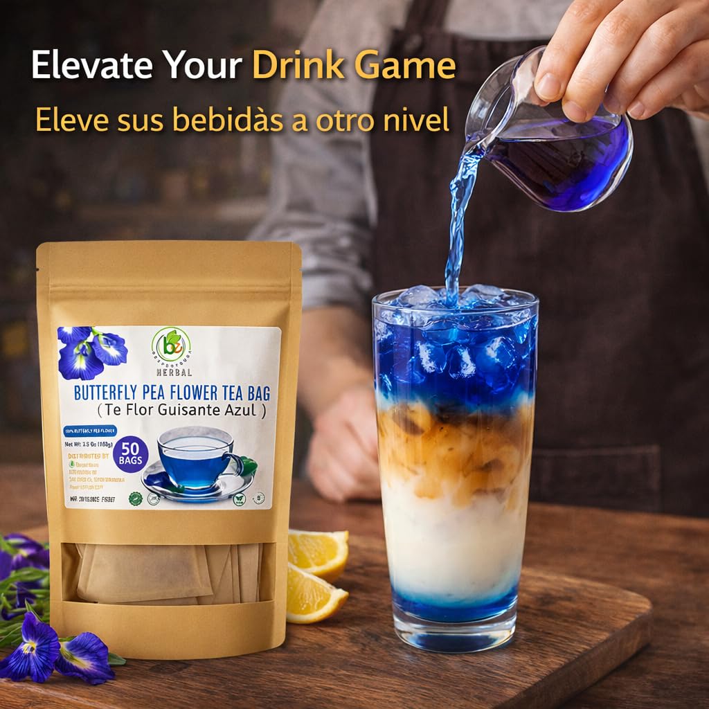 Butterfly Pea Flower Powder - 50 Tea Bags (2 g Each) - Vibrant Blue Herbal Tea - Antioxidant-Rich - 100% Natural, Vegan, Non-GMO, Sugar-Free