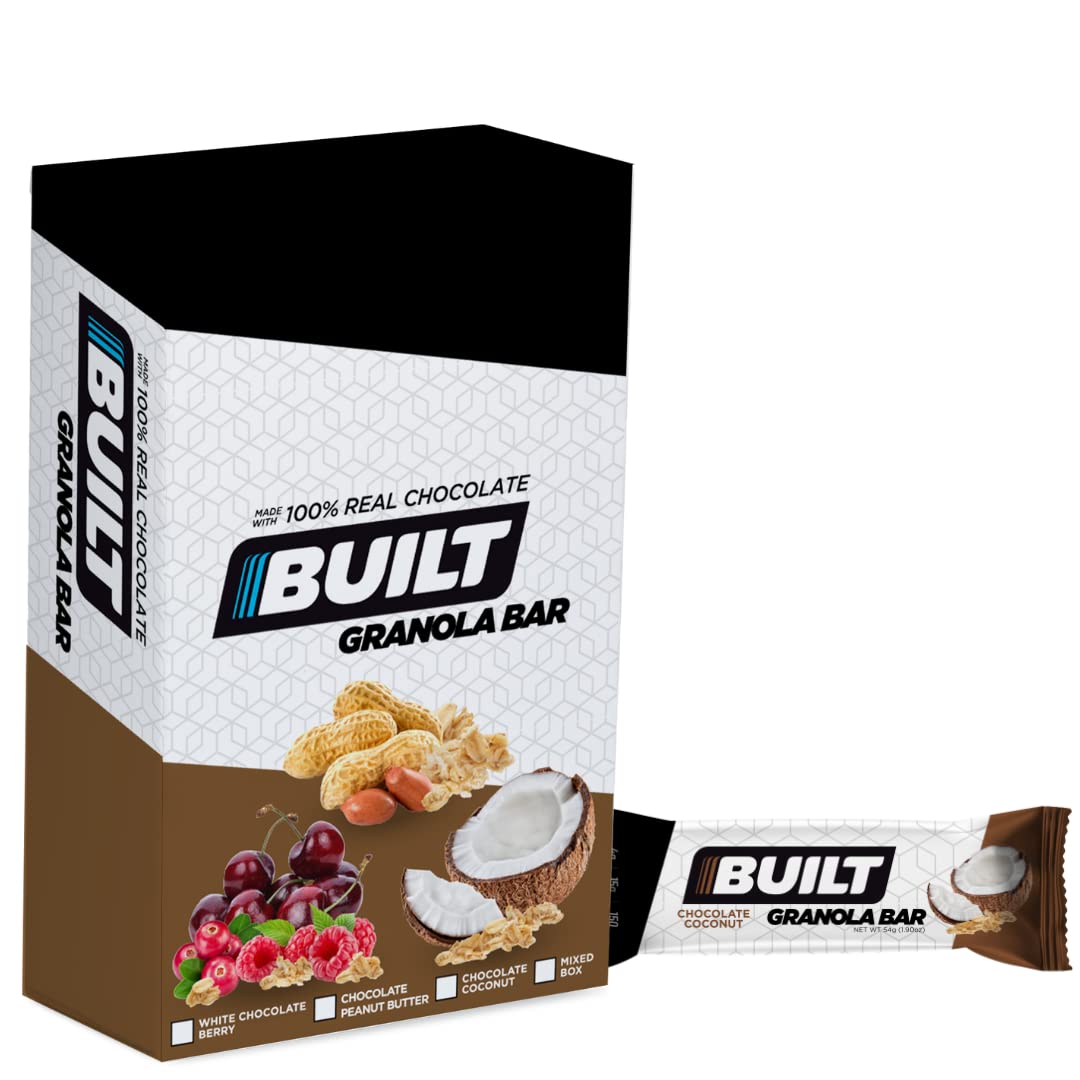 BUILT Protein Granola Bars, Coconut Granola, 12 bars, Protein Snacks, 15g of Protein, Collagen, Chocolate Protein Bar with only 150 calories & 4g
