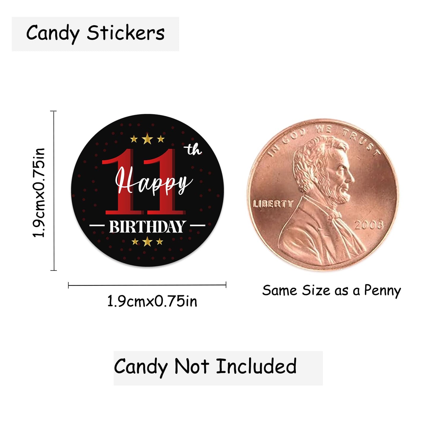 Happy 11th Birthday Party Favor Labels Chocolate Kisses Candy Stickers - Round Candy Sticker Party Favors - Black and Red - 150 Stickers