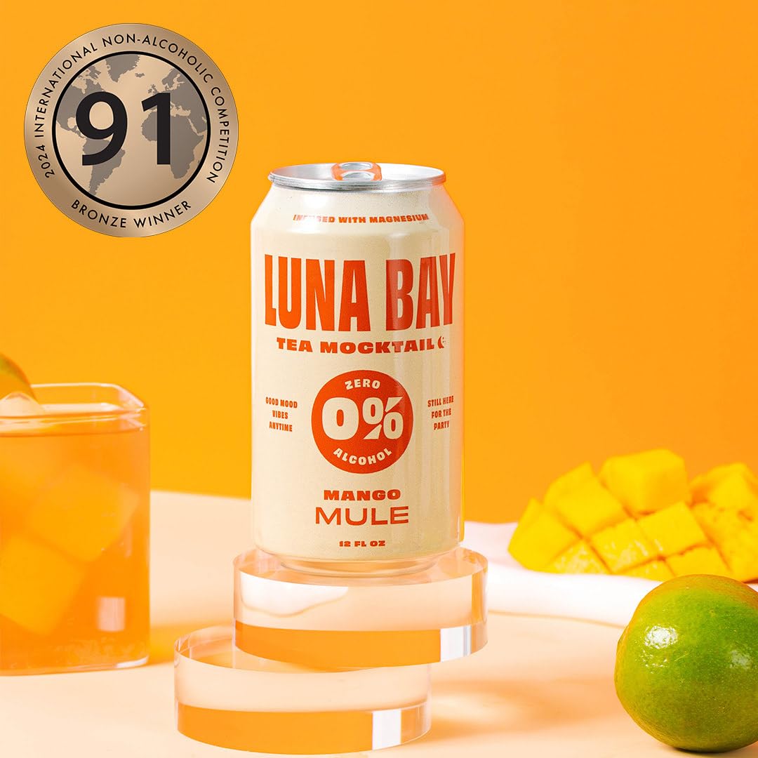 Luna Bay Zero Percent Tea Mocktail - Sparkling Tea Non-Alcoholic Beverage with Yerba Mate & Magnesium Glycinate, Vegan, Low Sugar, Non-GMO and Gluten