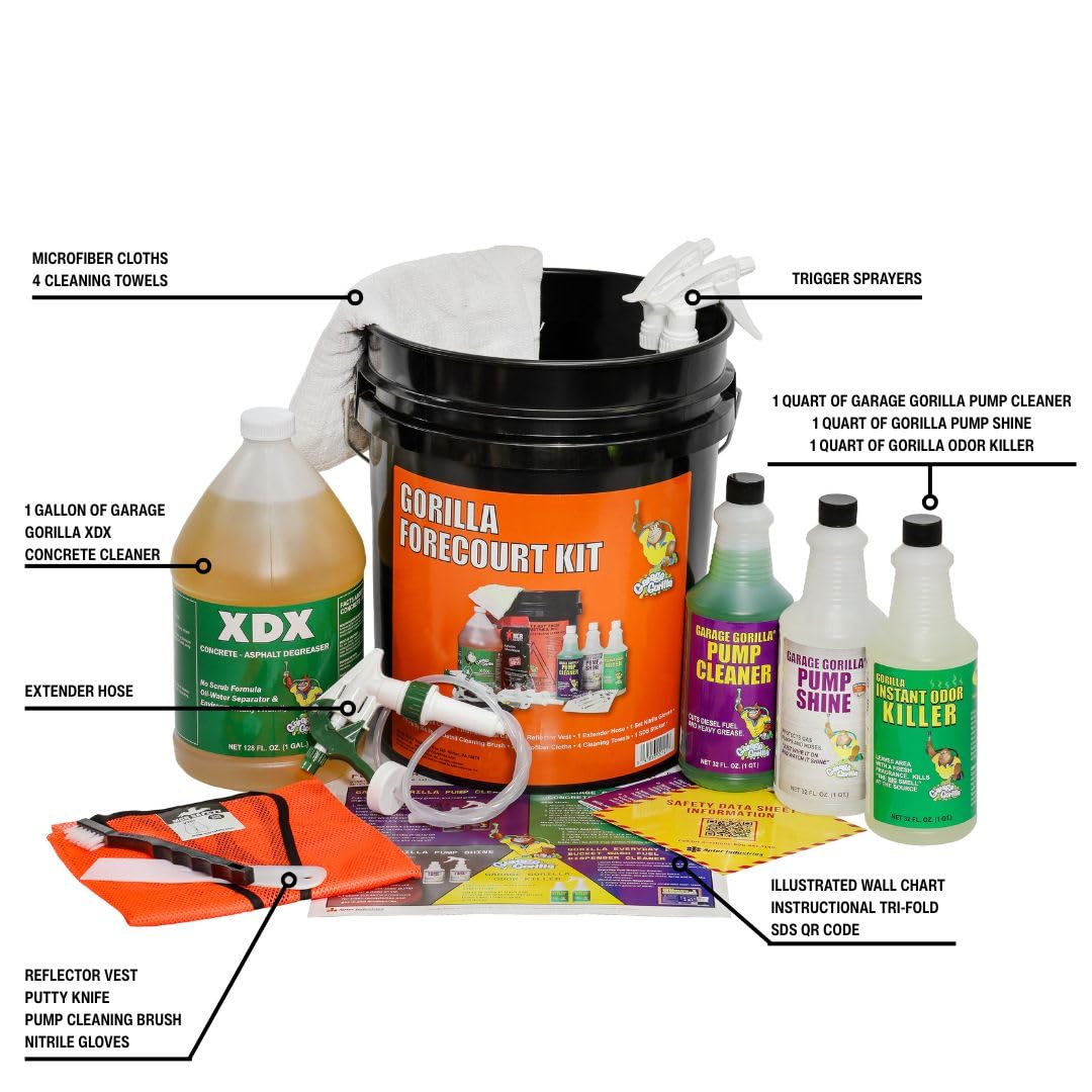 Garage Gorilla Forecourt First Exterior Gas Island Cleaning Kit | Complete Maintenance Set with Concrete Cleaner, Pump Cleaner, Pump Shine, Odor