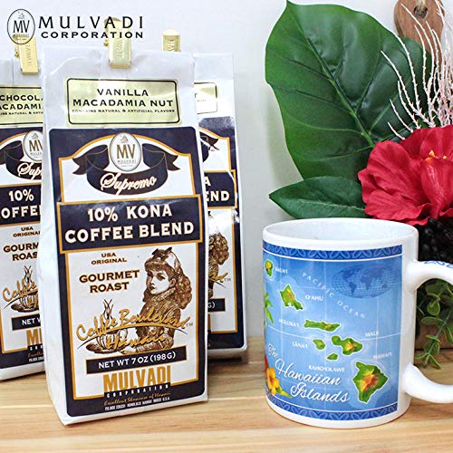 Mulvadi 10% Kona Coffee Blend, Chocolate Macadamia Nut Flavor, Ground Coffee 7 oz + Aloha Hawaii Bag Clip