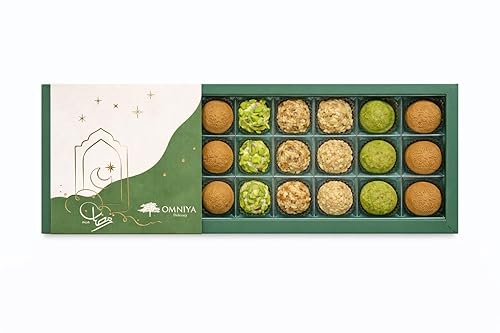 OMNIYA Delicacy Golden Dates - Luxury Date Dessert Treats, 27 Pieces w/Pistachio, Lotus, Sesame & Almond - Gourmet Mediterranean Gift Box