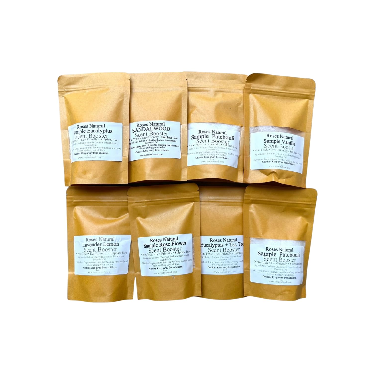 Roses Natural Powder Laundry Scent Booster - Discovery Set, Textile Deodorizer, Handcrafted Plant-based Ingredients, 8 Packs, each 4 Oz