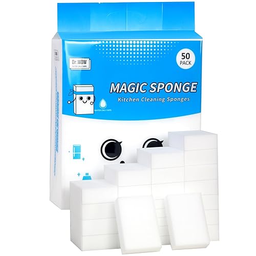 Dr.Wow 50-Pack Extra-Thick Melamine Sponges 3.94" 2.76" 1.18" Durable Kitchen & Bathroom Cleaning Pads Powerful, Non-Scratch, Water-Activated Magic