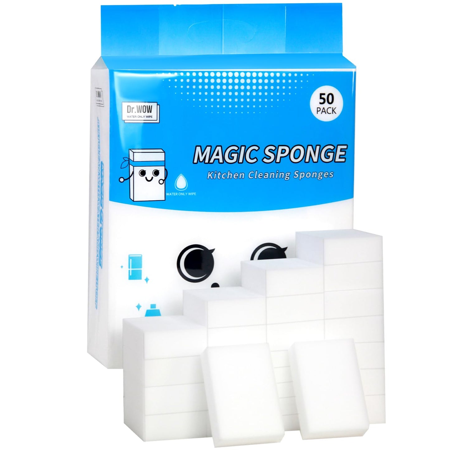 Dr.Wow 50-Pack Extra-Thick Melamine Sponges 3.94" 2.76" 1.18" Durable Kitchen & Bathroom Cleaning Pads Powerful, Non-Scratch, Water-Activated Magic
