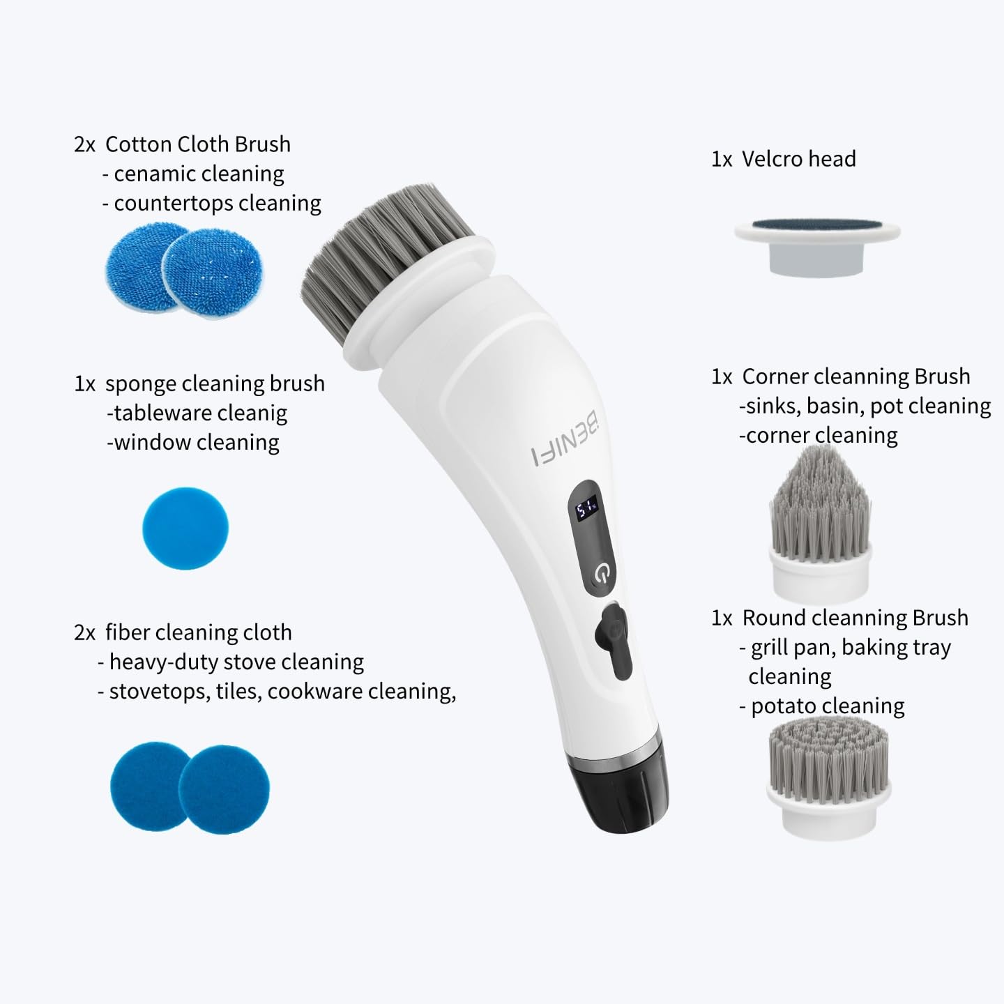 Benifi Electric Spin Scrubber Full-Body IPX7 Waterproof Cordless Bathroom Cleaning Brush with Power LCD Display and 8 Brush Heads