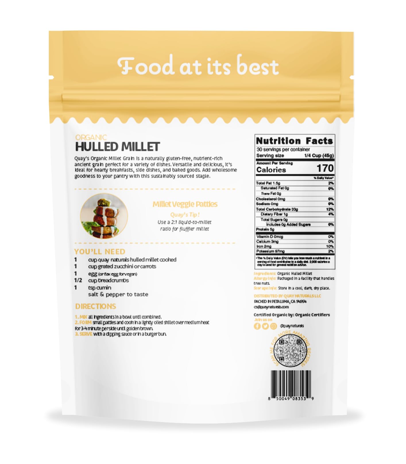Quay Naturals Organic Hulled Millet, 2.5 lbs, USA Grown, Non-GMO, Gluten-Free, Whole Grain, Easy to Digest, Vegan-Friendly