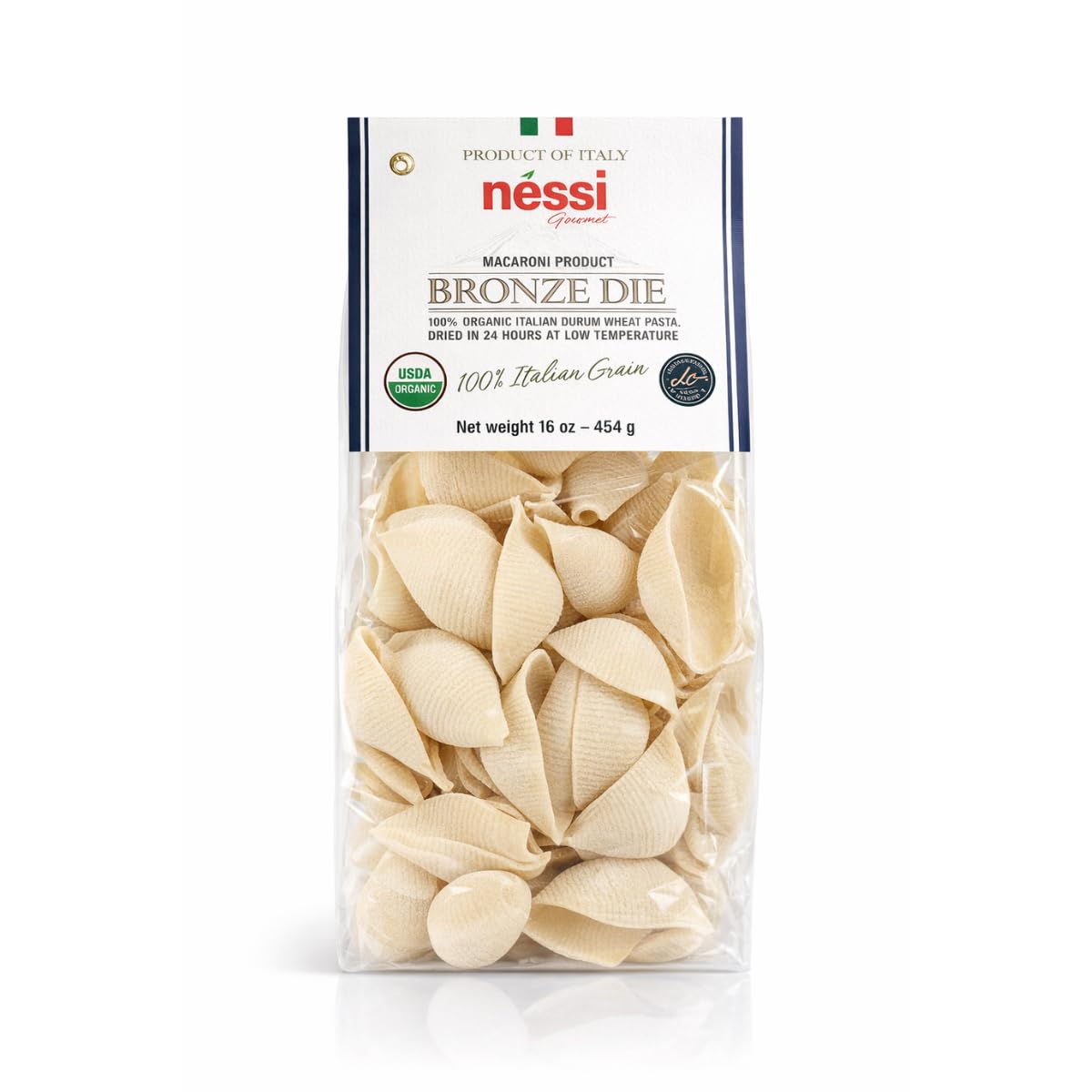 Néssi Organic Conchiglioni, Bronze Die Cut Pasta, 16 Ounce, Italian, Kosher, Bag