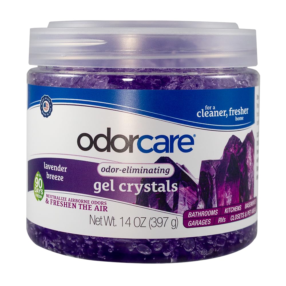 OdorCare 14 oz Gel Crystal Odor Absorber, Odor Eliminator for Smoke, Odor, & Musty Smell in Home, Bathroom, Kitchen, Pet Areas, Made in USA, Lavender