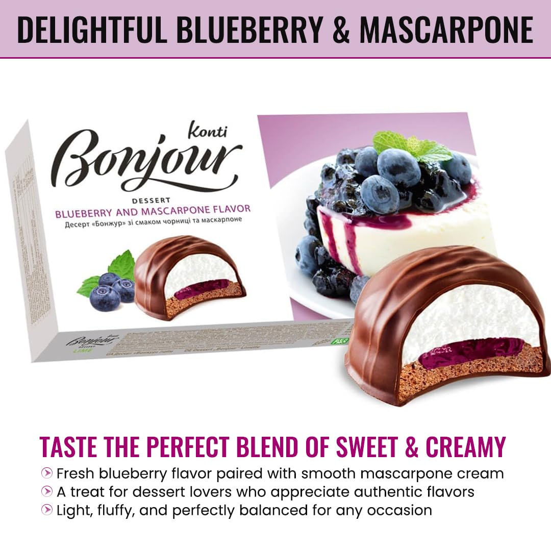 Konti Bonjour Dessert Blueberry & Mascarpone Flavor with Fruit Jam- Indulge in Gourmet Dessert with Caramel for A Mouthwatering Treat- Healthy