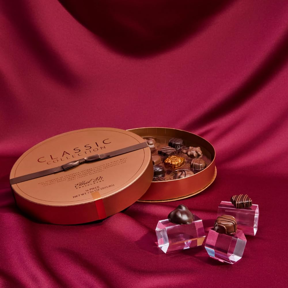 Ethel M Chocolates Classic Collection 32 Piece Premium Milk and Dark Chocolate Assortment in Round Copper Gift Box - Chewy Caramel, Macadamia, Pecan