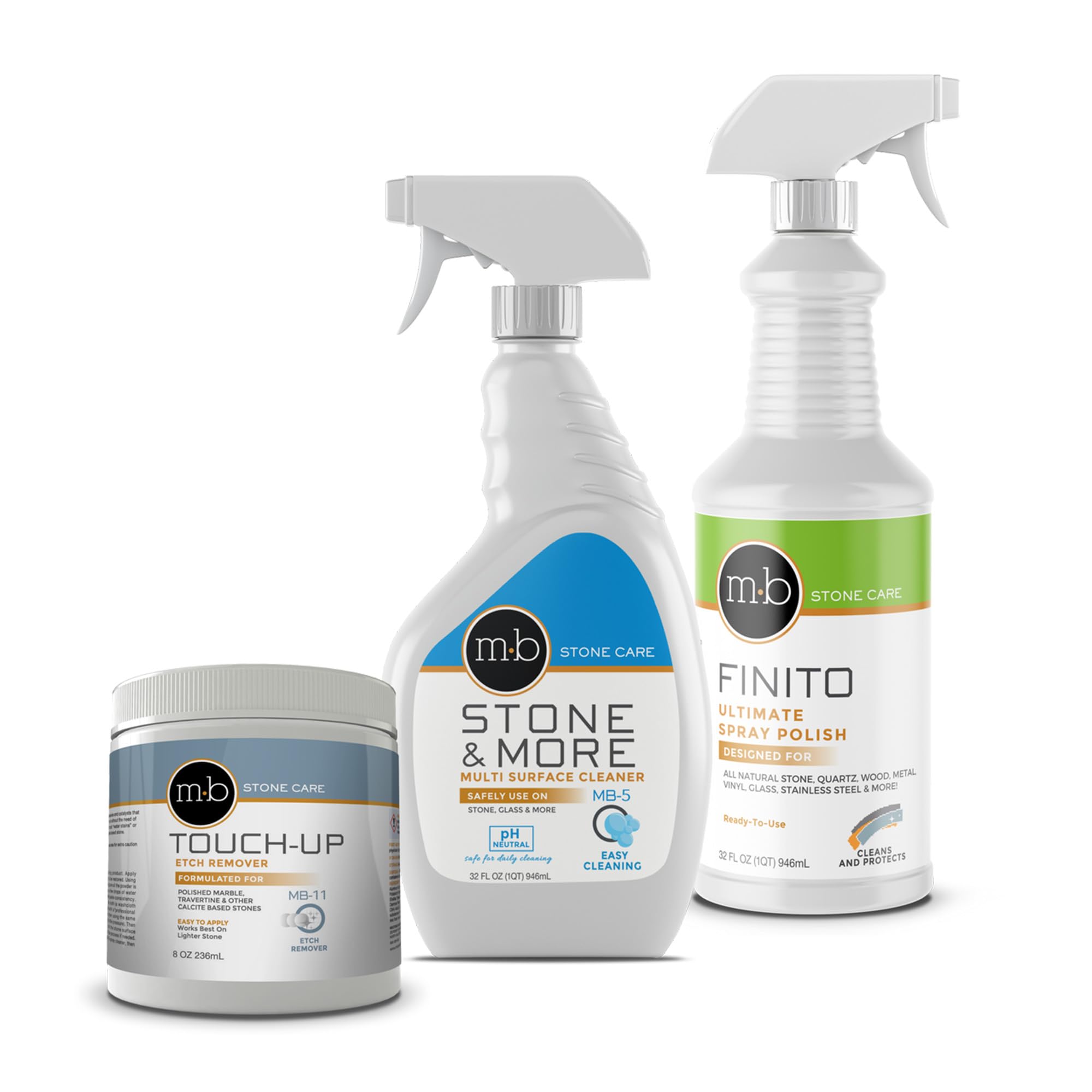 MB Stone Care Marble Repair Kit MB-5 Multi-Surface Cleaner, Finito Spray Polish & MB-11 Touch Up Etch Remover Ready to Use Bundle (1Quart / 32FL OZ