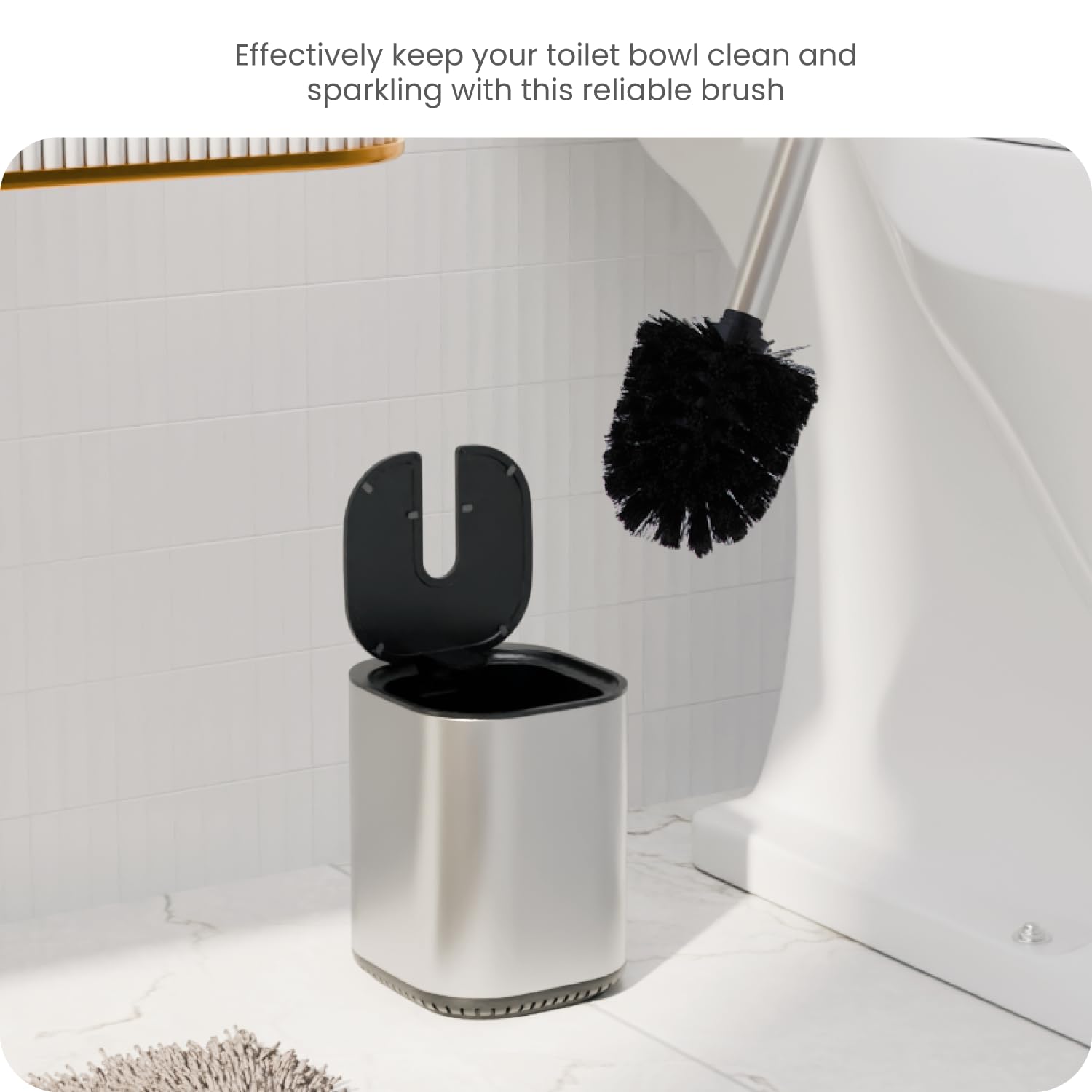 Home Zone Living Toilet Brush with Automatic Lid and Stainless Steel Handle, Compact Bathroom Cleaning Tool