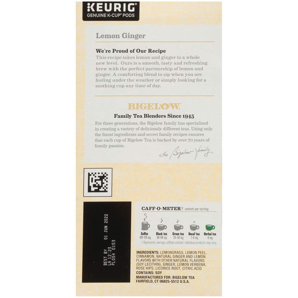 Bigelow Lemon Ginger Herbal Tea Keurig K-Cups, 22 Count Box (Pack of 1), No Caffeine 22 K-Cup Pods Total
