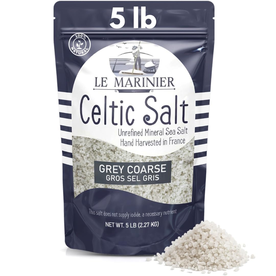 Le Marinier Celtic Salt Organic Grey Coarse, 5lb. Mineral Rich 100% Natural and Unrefined French Sea Salt Organic. Hand Harvested Mineral Sea Salt