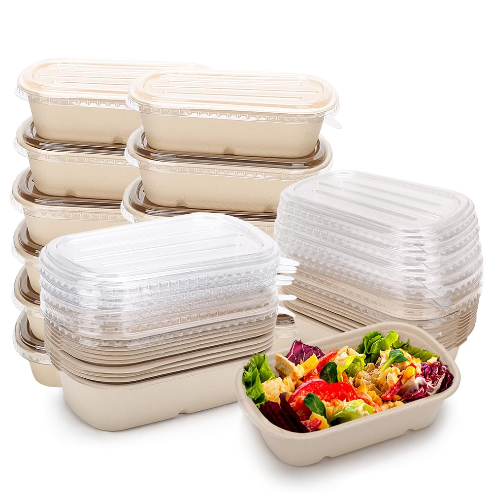 Aksipo 50 Pack 29 Oz Disposable Meal Prep Containers with Lids, Rectangle Paper Bowls with Lids for Salad,Leftovers, Leak-proof To Go Box Cardboard