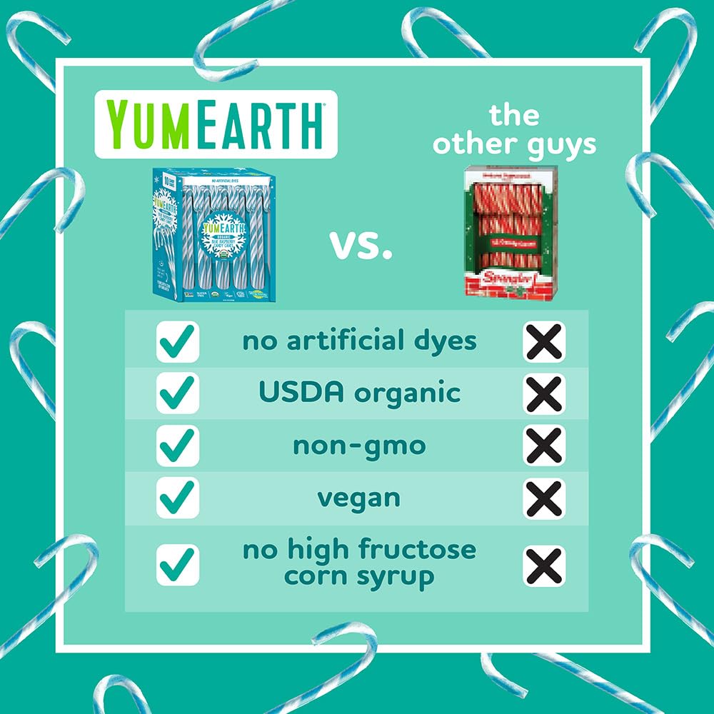 YumEarth Organic Candy Canes - Individually Wrapped Full Size Blue Raspberry Candy Canes - Dye Free, Allergy Friendly, Non GMO, Gluten Free, Vegan