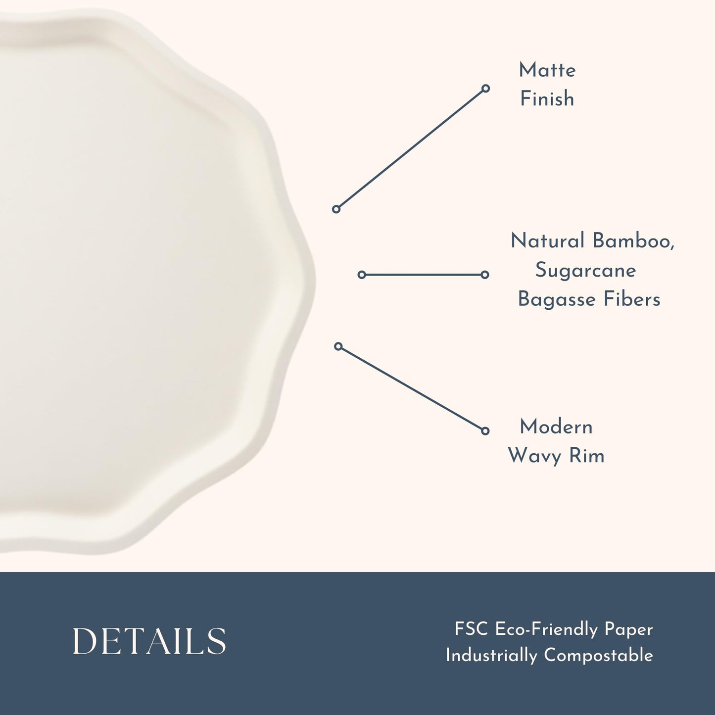 Bonjour Fte French Crme Compostable Dinner Plates | Sturdy Disposable Plates for Baby & Bridal Showers | Premium 10.5" Large Size, Pack of 8 |