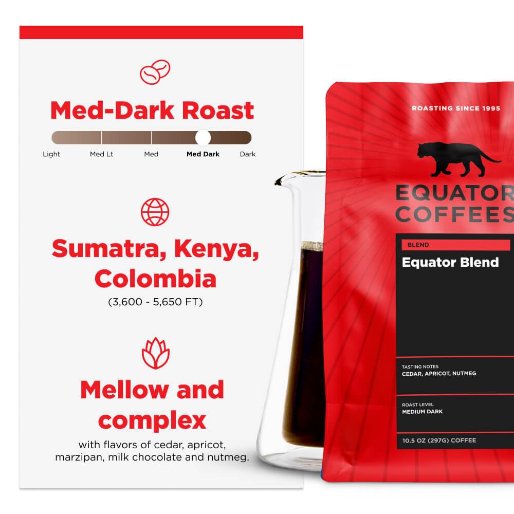 Equator Coffees, Equator Blend Ground Coffee, Medium Dark Roast, Fresh Roasted, Smooth Chocolate & Nutmeg Flavor Notes, Sustainable, 10.5 oz Bag
