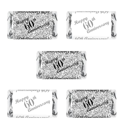 60th Anniversary Miniatures Candy Bar Wrapper, (Set of 60) Mini Chocolate Bar Stickers; Silver and White, Candy Not Included. Made in USA