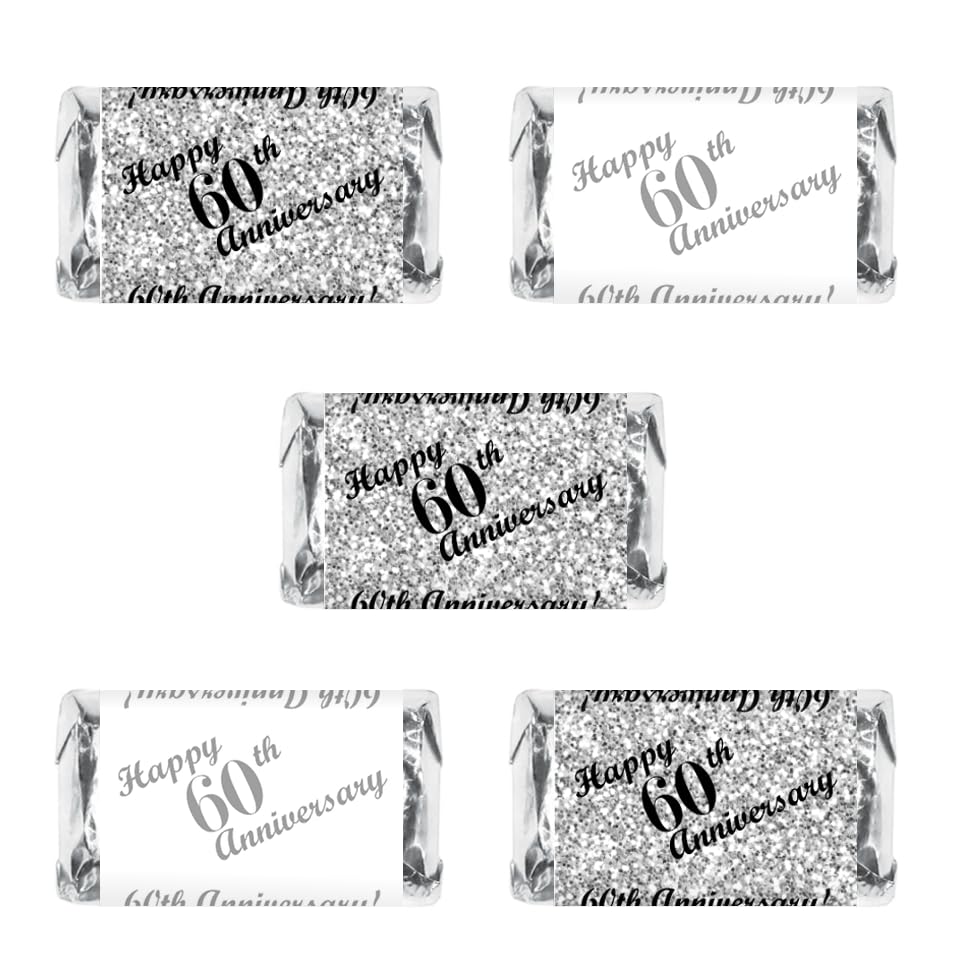 60th Anniversary Miniatures Candy Bar Wrapper, (Set of 60) Mini Chocolate Bar Stickers; Silver and White, Candy Not Included. Made in USA