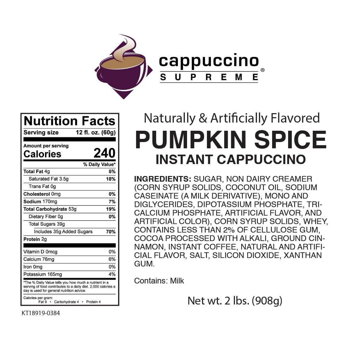 Cappuccino Supreme 2 lb bag Pumpkin Spice Instant Cappuccino Mix