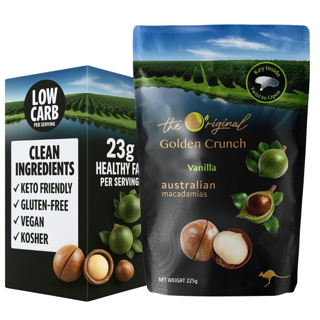 Veefood Golden Crunch In-Shell Macadamias 225g - Premium Australian Macadamia Nuts with Vanilla Flavor | Crunchy, Creamy & Heart-Healthy Snack (Pack