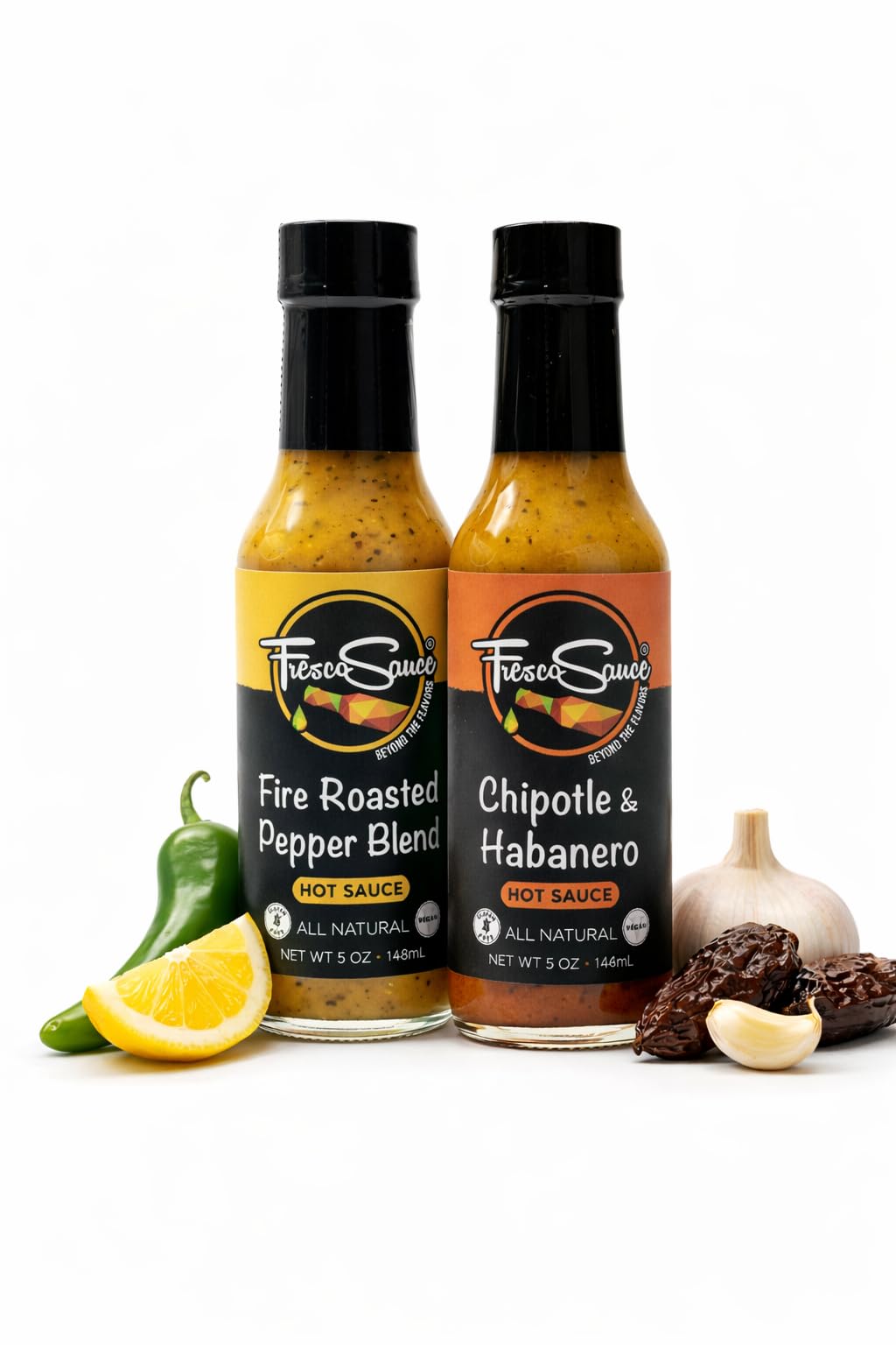 Fresco Sauce - Two Pack Combo - Fire Roasted Pepper Blend - Chipotle & Habanero - Flavorful Hot Sauces - All Natural- Vegan - Gluten Free - 5 fl oz