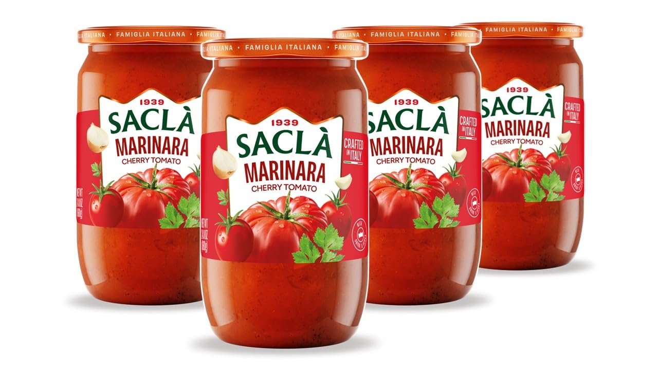 SACLA Marinara Cherry Tomato Pasta Sauce with No Added Sugar 4-Pack | Natural Non-GMO Tomatoes with Extra Virgin Olive Oil | FOUR 24 oz Glass Jars |