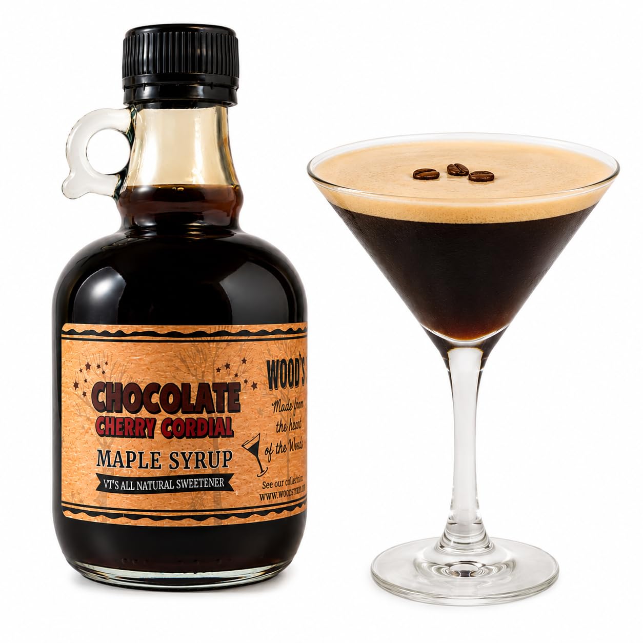 WOOD'S Chocolate Cherry Cordial Infused Maple Syrup - Decadent Vermont Maple Syrup with Dark Cocoa & Succulent Cherries | Small-Batch, All-Natural