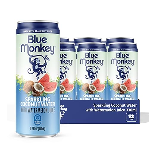 Blue Monkey Sparkling Coconut Water with Watermelon - 99.7% Coconut Water & Juice Blend - No Sugar Added, All Natural, Shelf Stable - Lightly