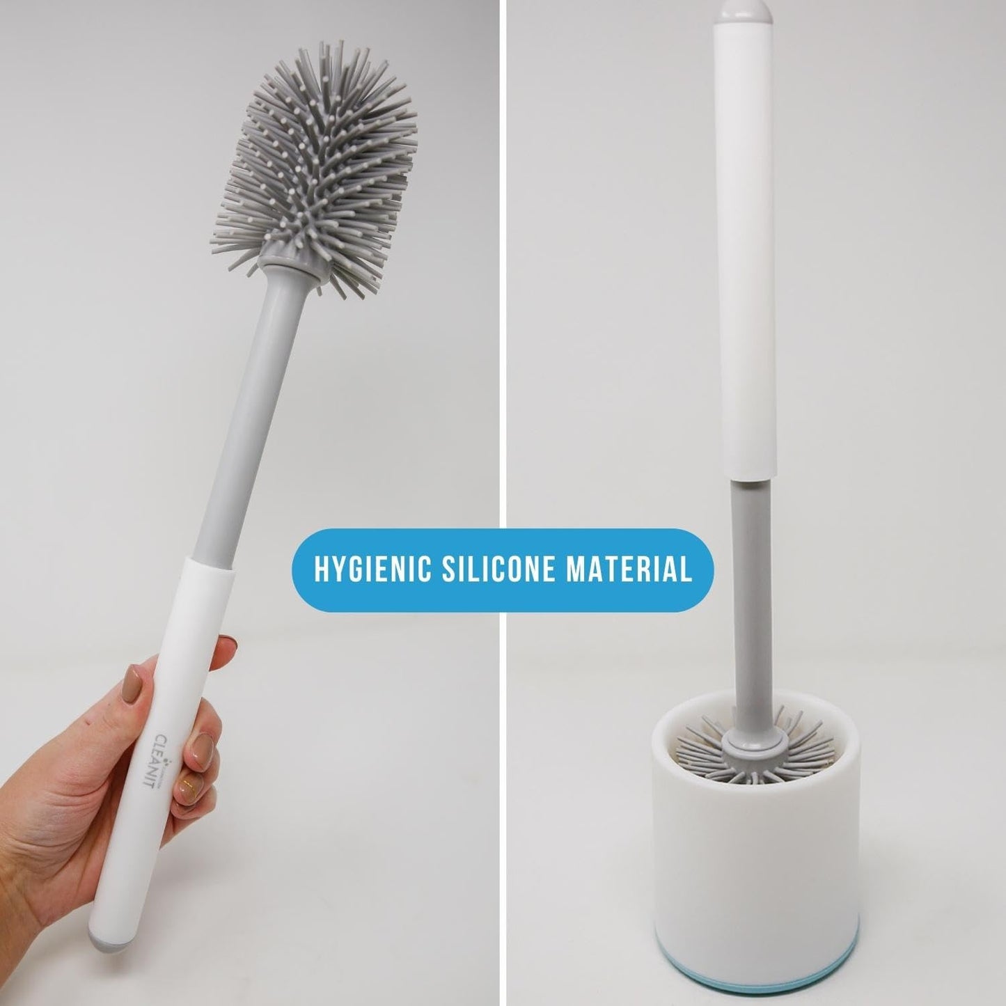 Don Aslett Silicone Toilet Bowl Brush Set (Gray) Includes Slim Brush Holder, Sturdy Handle, & 2 Replacement Heads with Durable Silicone Bristles |
