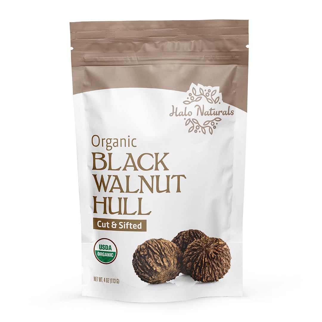 Halo Naturals Organic Black Walnut Hull Cut & Sifted, 4 Ounces (Juglans nigra) USDA Certified | Resealable Pouch| Packaged in The USA
