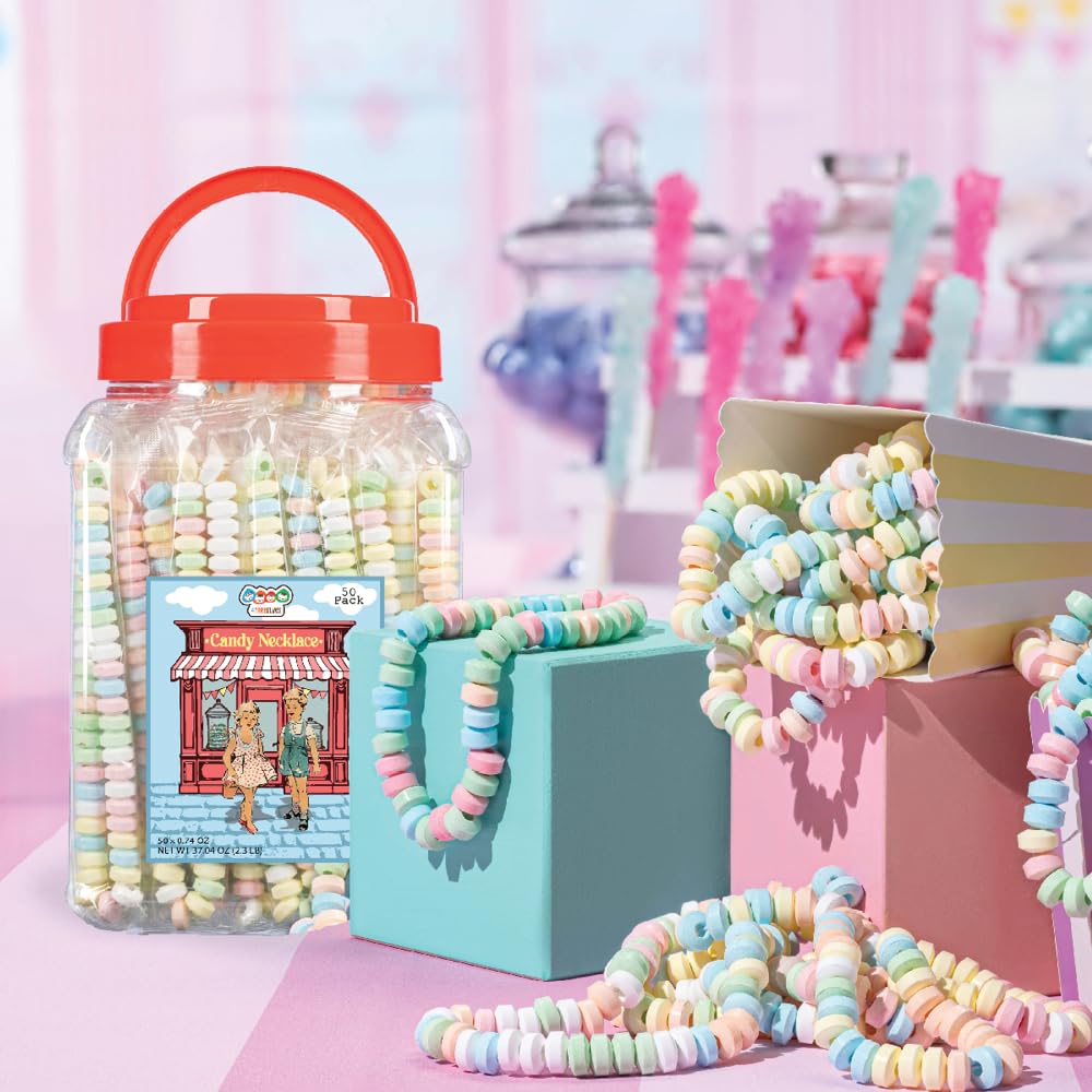 50 Candy Necklaces Individually Wrapped, Choker Style Nostalgic Pastel Candy Jewelry, Perfect for Party Favors, Pinata Fillers and Goodie Bags, Packed
