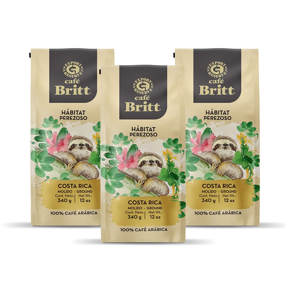 Café Britt® - Costa Rican Habitat Sloth Coffee (12 oz.) (3-Pack) - Ground, Arabica Coffee, Kosher, Gluten Free, 100% Gourmet & Medium Light Roast