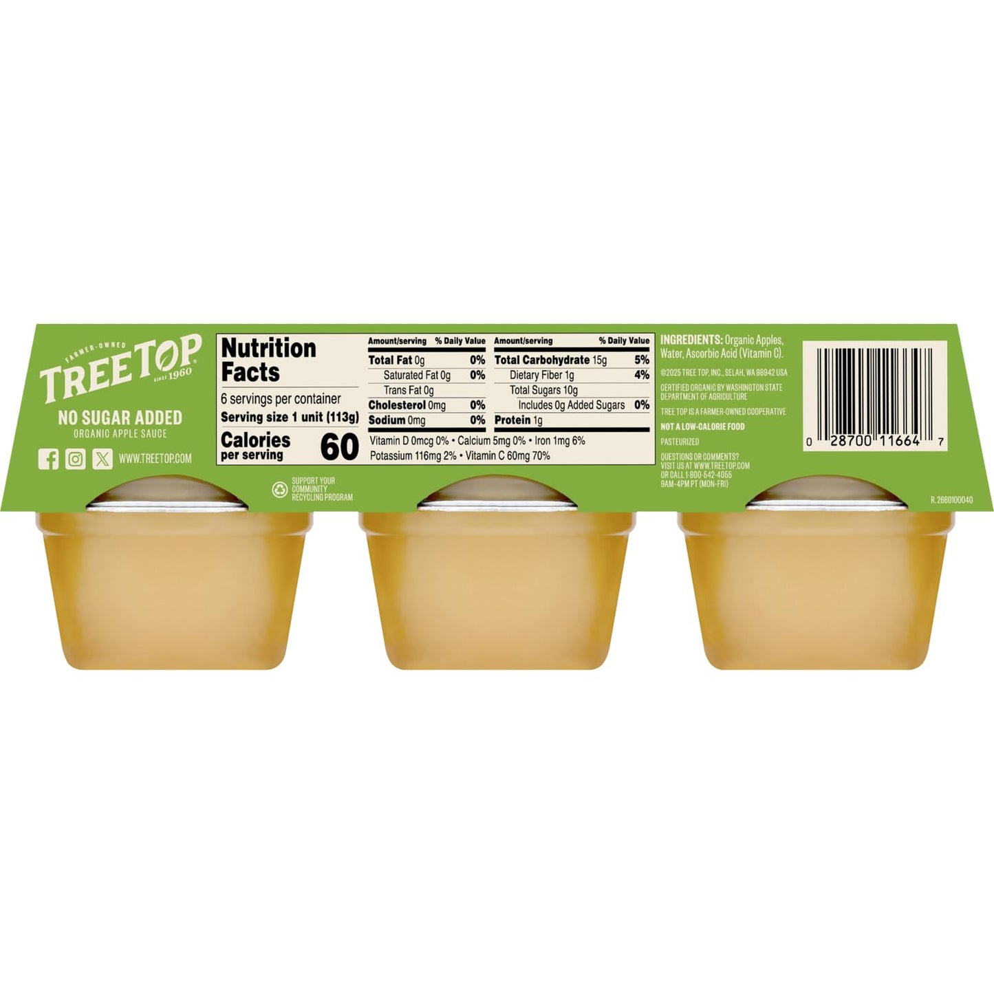 Tree Top Apple Sauce Organic No Sugar Added, 6 Count (Pack Of 6)