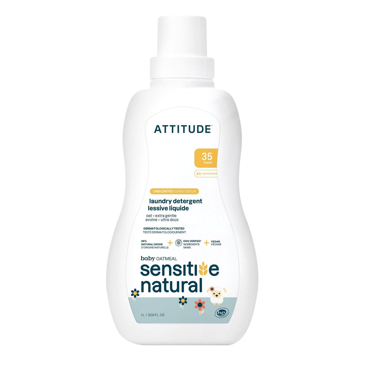 ATTITUDE Baby Laundry Detergent, EWG Verified, Plant and Mineral-Based Formula, HE Compatible, Vegan Household Products, Unscented, Sensitive, 33.8 Fl