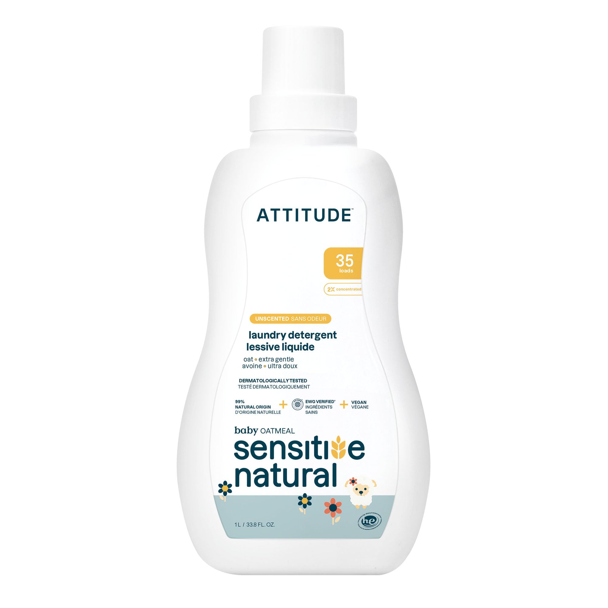 ATTITUDE Baby Laundry Detergent, EWG Verified, Plant and Mineral-Based Formula, HE Compatible, Vegan Household Products, Unscented, Sensitive, 33.8 Fl