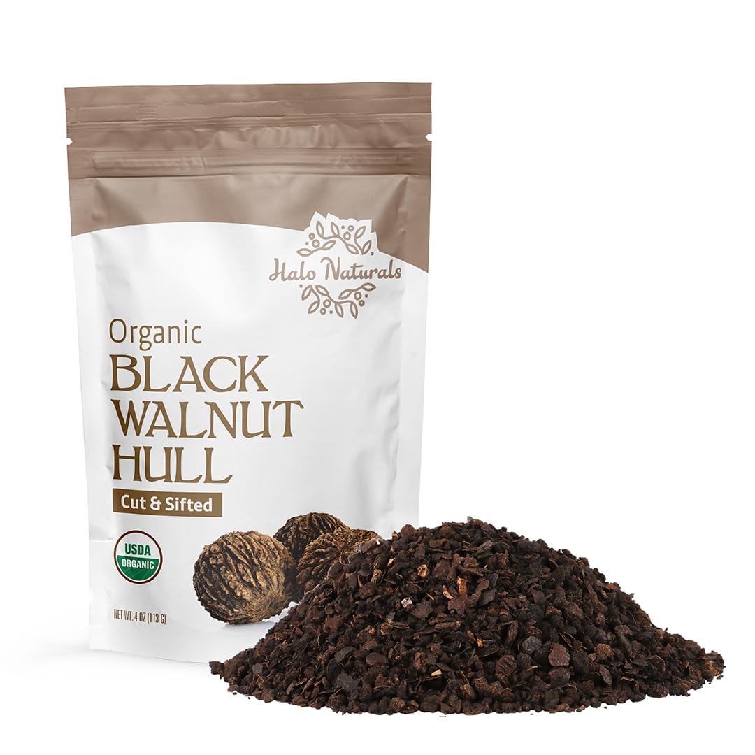 Halo Naturals Organic Black Walnut Hull Cut & Sifted, 4 Ounces (Juglans nigra) USDA Certified | Resealable Pouch| Packaged in The USA