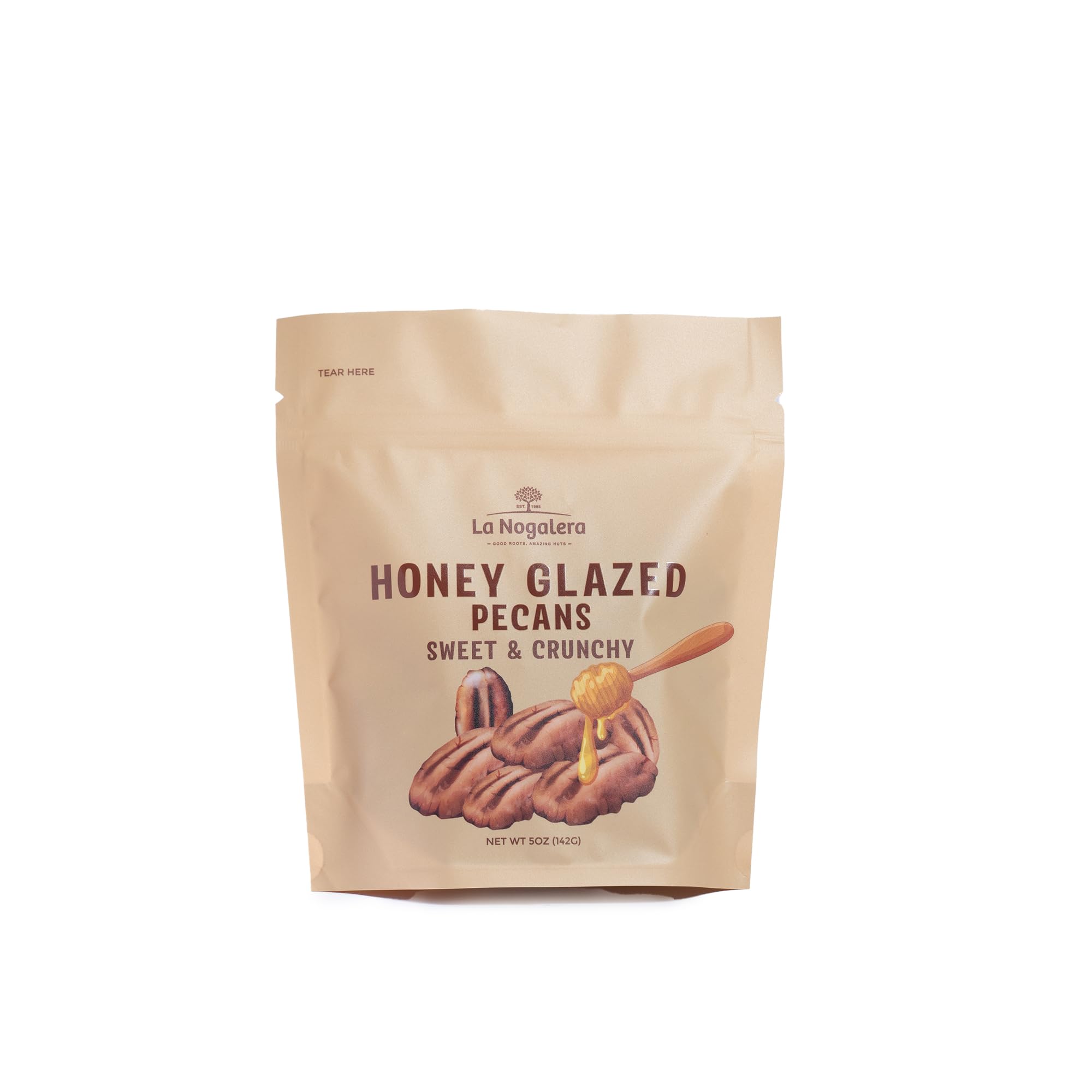 Honey Glazed Pecans 5 oz - Caramelized Pecans with Real Honey, Crunchy & Sweet Roasted Nuts Snack in Resealable Pouch - Gourmet Glazed Pecan Halves by