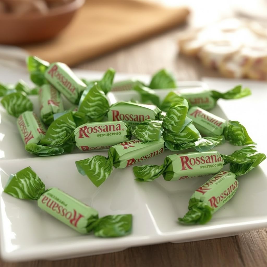 SweetGourmet Rossana Pistachio Paste Center Filled Hard Candy, Italian Wrapped Candy, 2 Pounds