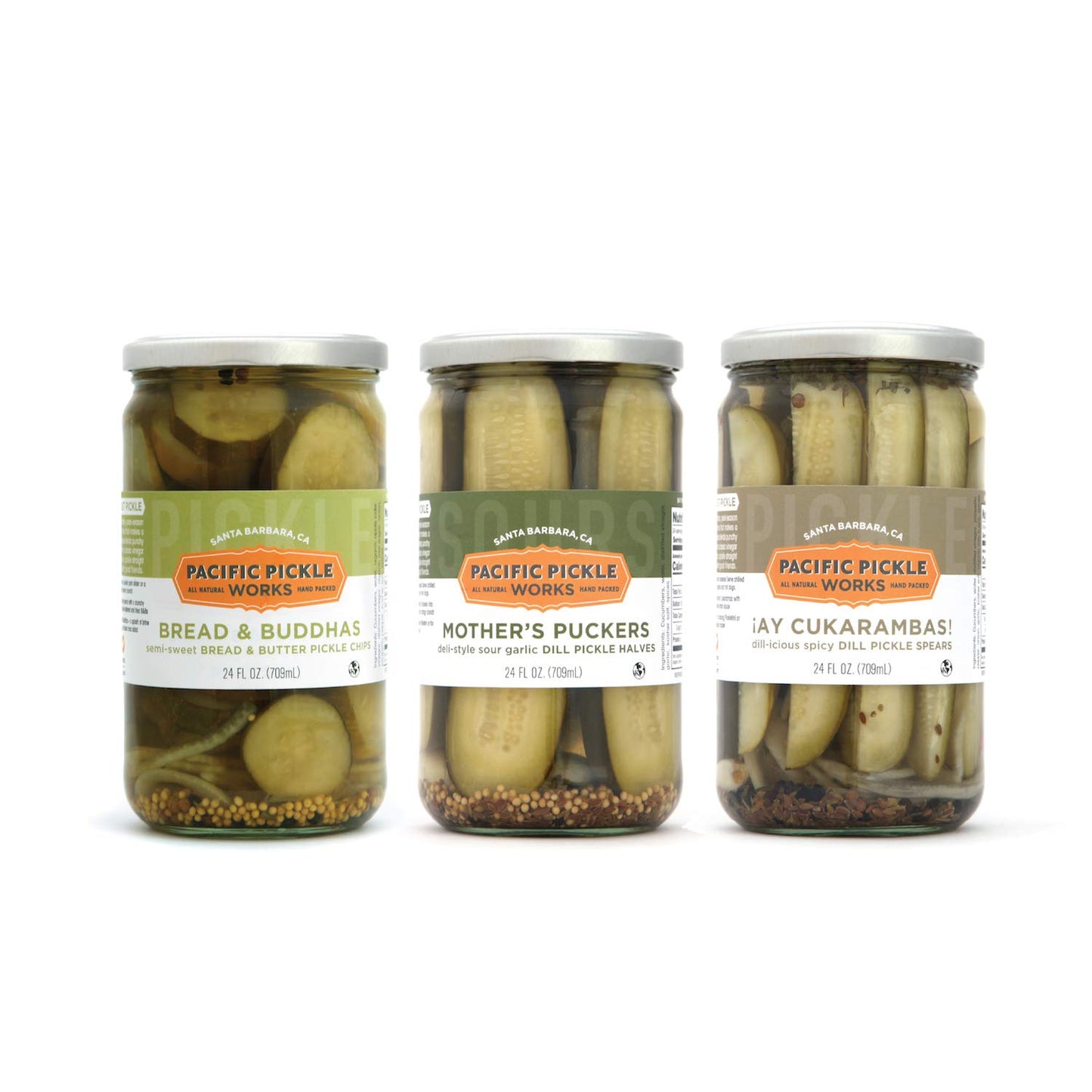 Pacific Pickle Works - 'The Classics' Pickle Variety Pack - Three jars of pickles - Mother's Puckers Home-style pickles, Bread & Buddhas semi-sweet