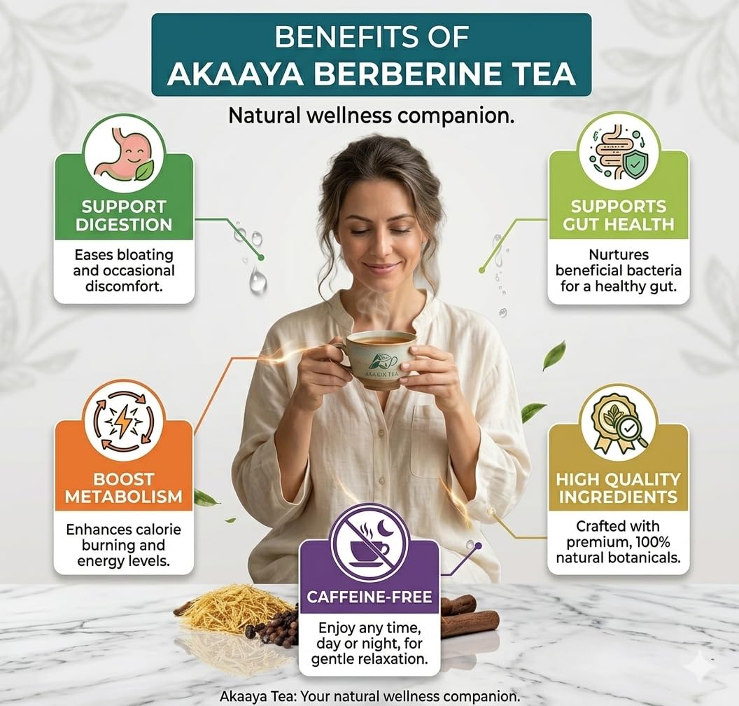 Akaaya Berberine Tea - Caffeine-Free Herbal Tea with Berberine, Cinnamon, Licorice & Black Pepper - Daily Wellness Tea - 21 Sachets - Non-GMO