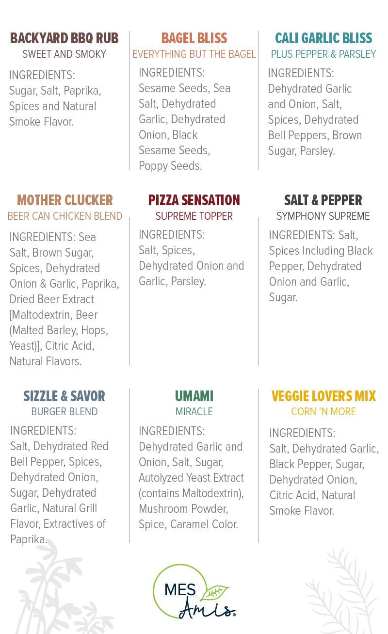 MES Amis Ultimate 9-Pack - Gourmet Blends & All-Purpose Seasoning Collection | Sizzle & Savor Burger Blend (7.3 ounces) + Pizza Sensation Supreme