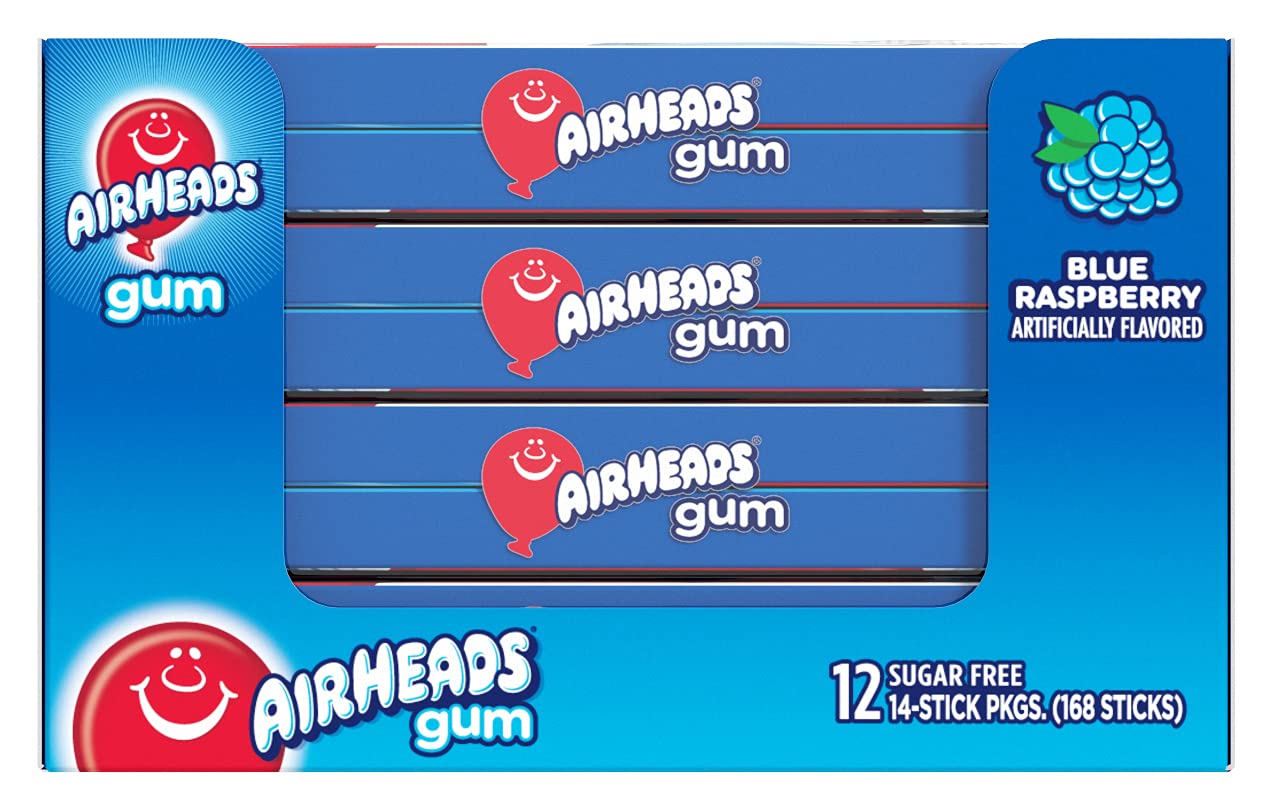 Airheads Chewing Gum, Sugar Free Gum with Micro-Candies, Blue Raspberry Flavor Artificially Flavored, 14 Sticks (12-Pack)