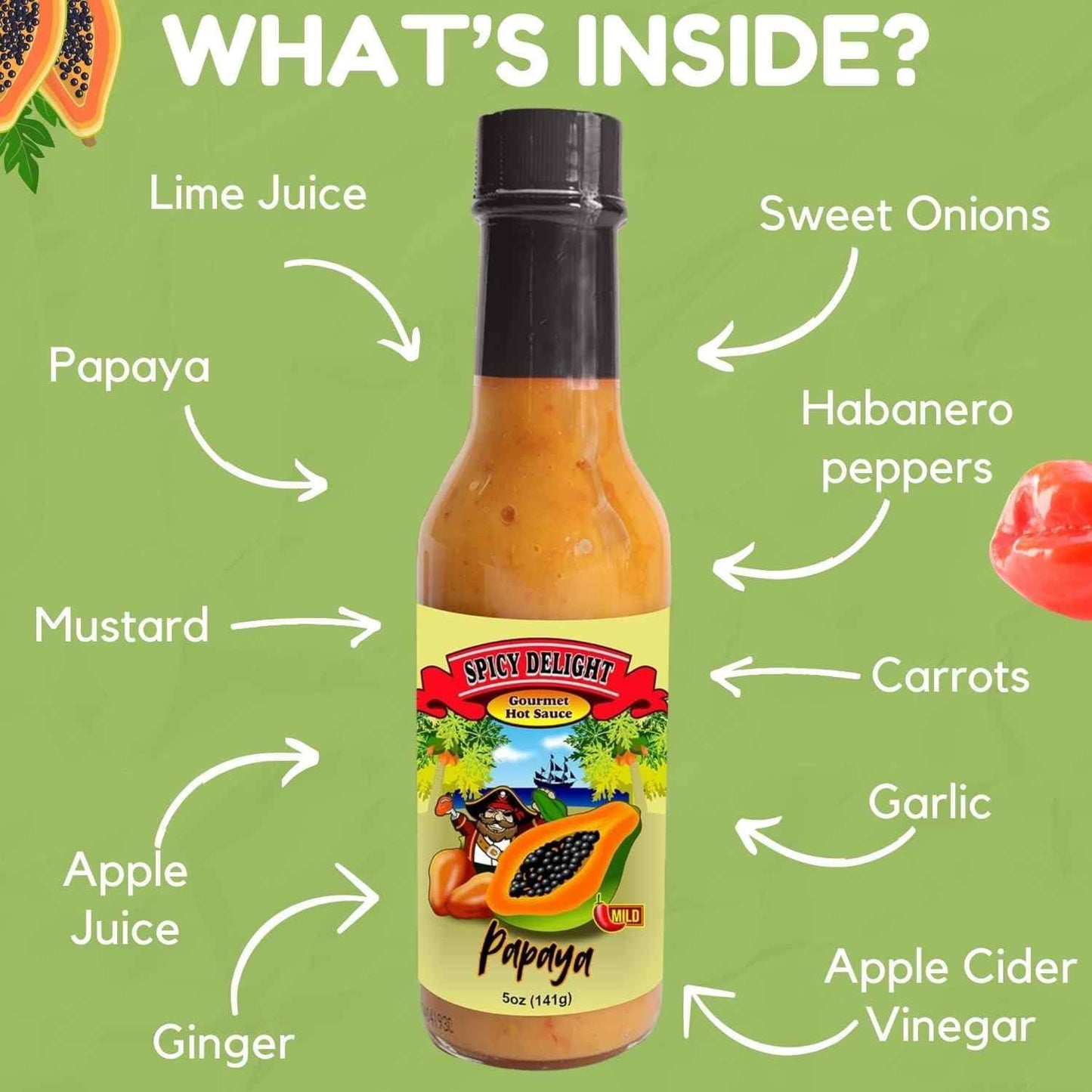 Spicy Delight Best Hot Sauce by Flavor Pirate, Aruba Hot Sauce Made With Habanero Pepper, Papaya, and Spices, Caribbean Inspired Papaya Spicy Salsa