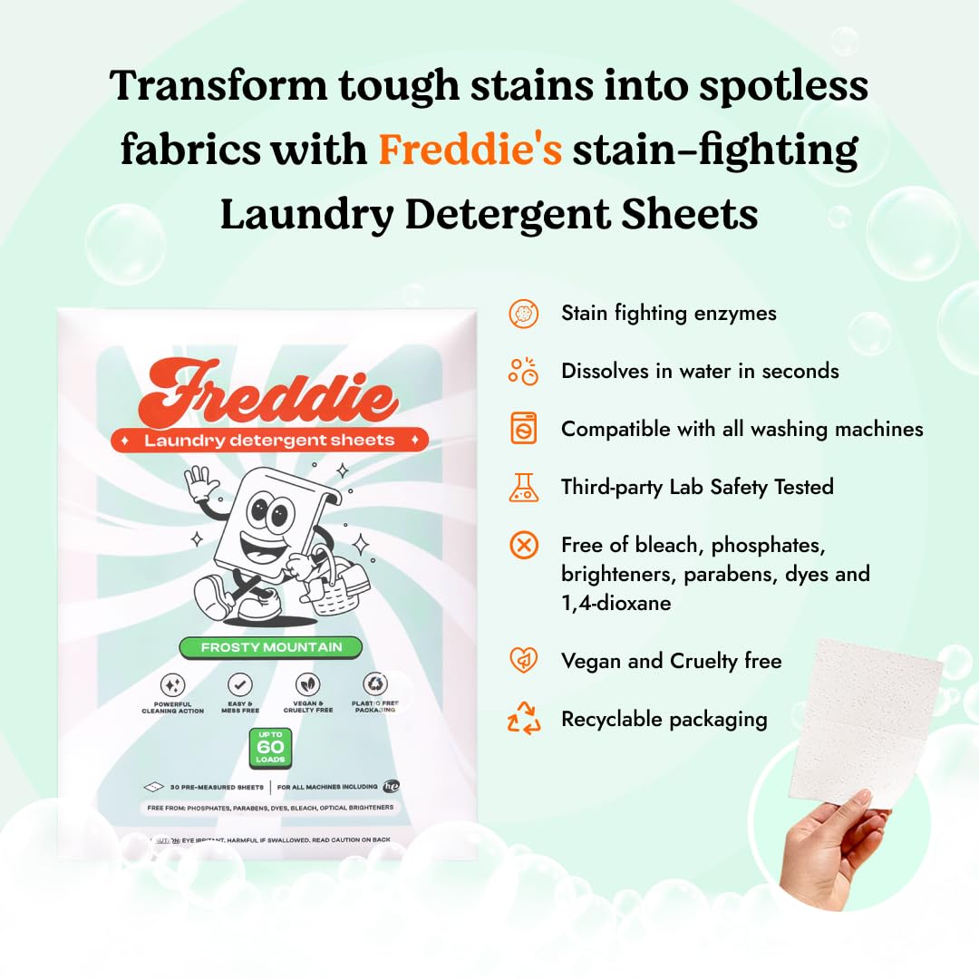Freddie Laundry Detergent Sheets - Recyclable Packaging - No Mess Strips - 60 Loads - Crisp Frosty Mountain Scent