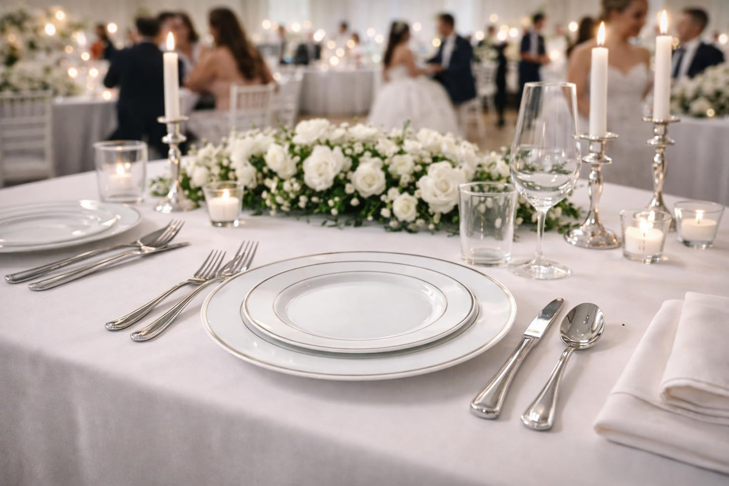 " OCCASIONS " 320 pcs/40 Guest-Full Tableware Set-Wedding Disposable Plastic Plates Silverware, Silver Rimmed Tumblers and White Paper Napkins (Combo
